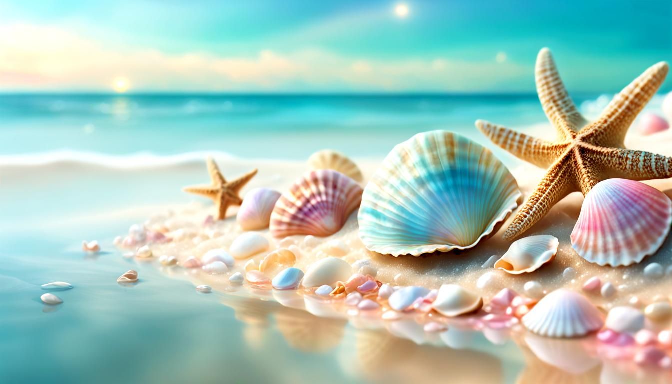 Endless Ocean Coast with Seashells: Digital Painting