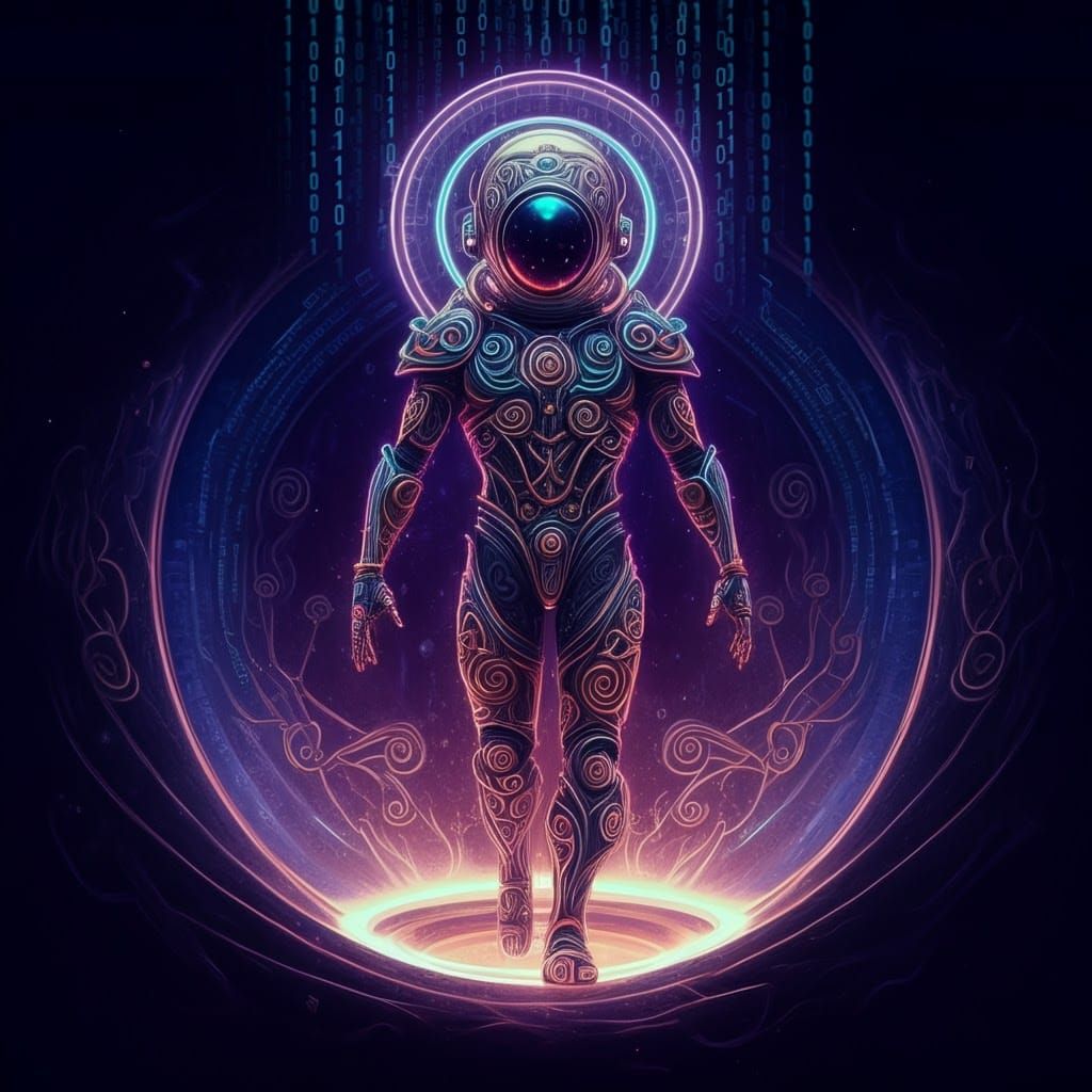 An ethernaut wearing a complex suit made up of dark matter and copper