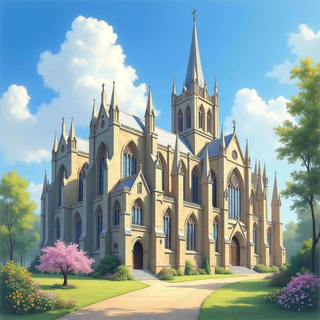 watercolor painting of a beautiful gothic cathedral, on a sunny day in spring