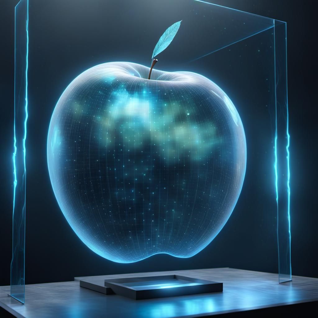 3D transparent holographic projection of a holographic apple on a stage, transparent light blue color, ...  by @premium