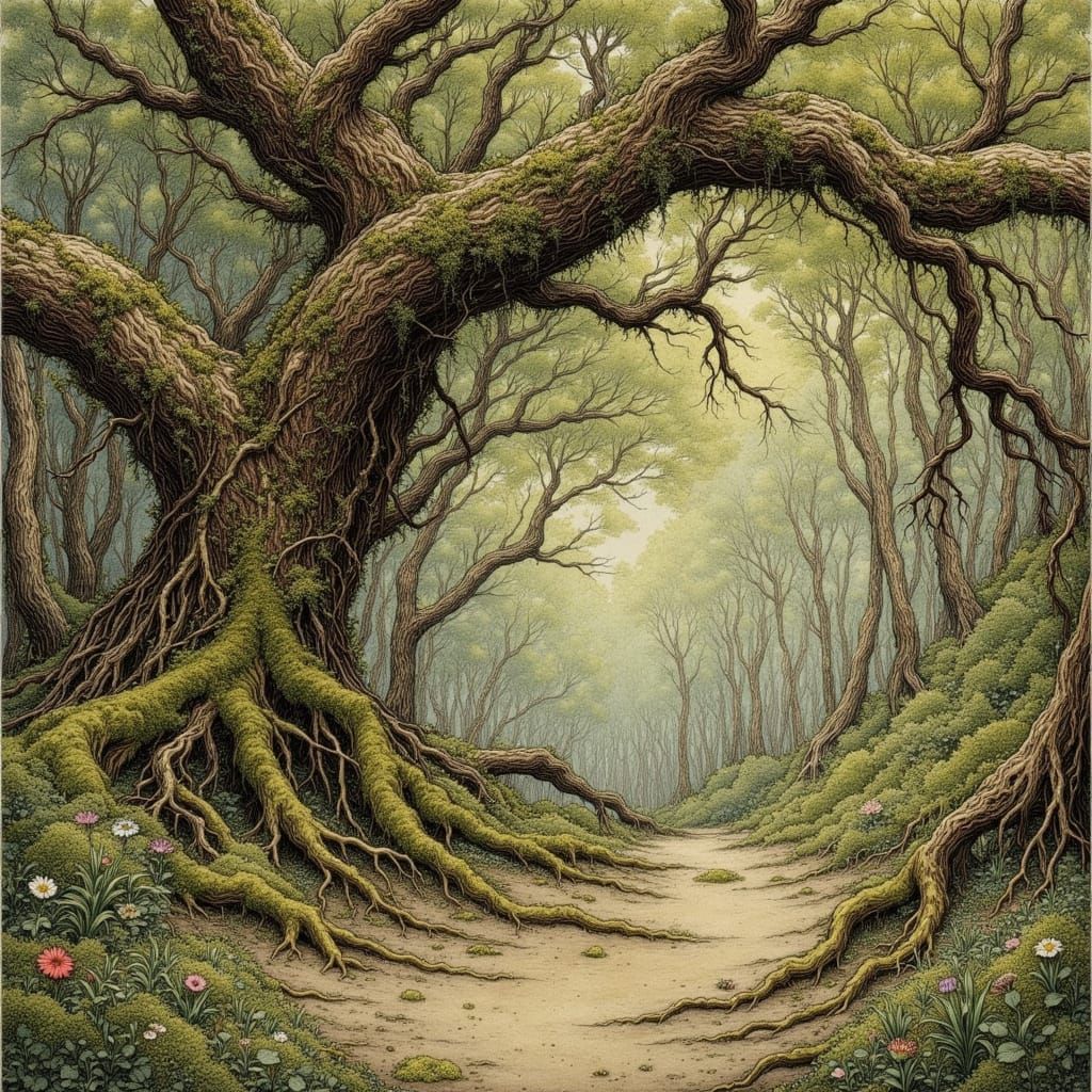 Enchanted Forest Storybook Illustration in Arthur Rackham St...