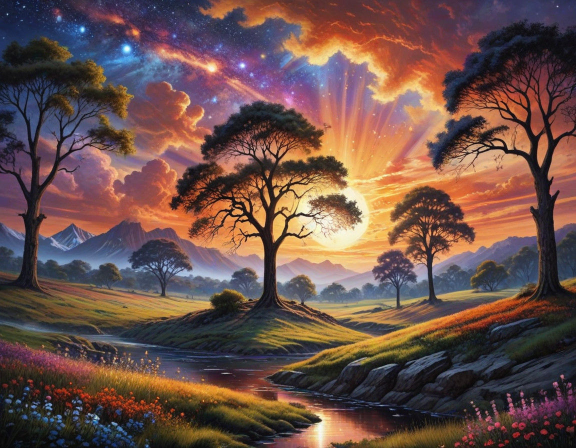 cosmic celebration, landscape, sunset, trees