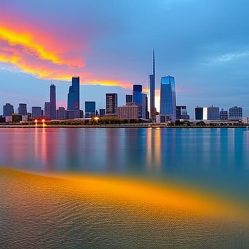 City skyline across the water at sunset