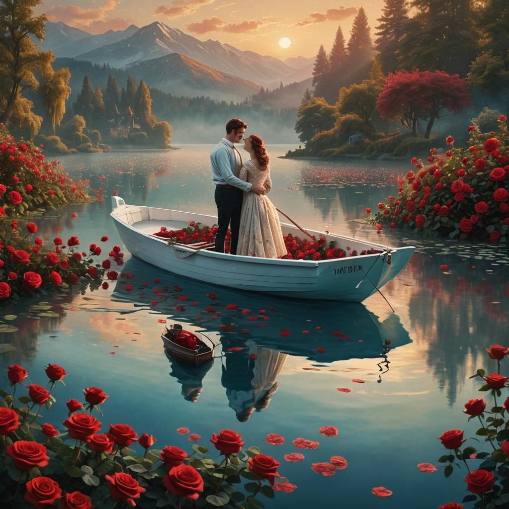 Create a scene of a lake entirely covered with red roses, fe...