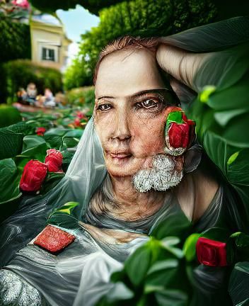 Portrait of the beautiful woman sitting in the garden of roses
