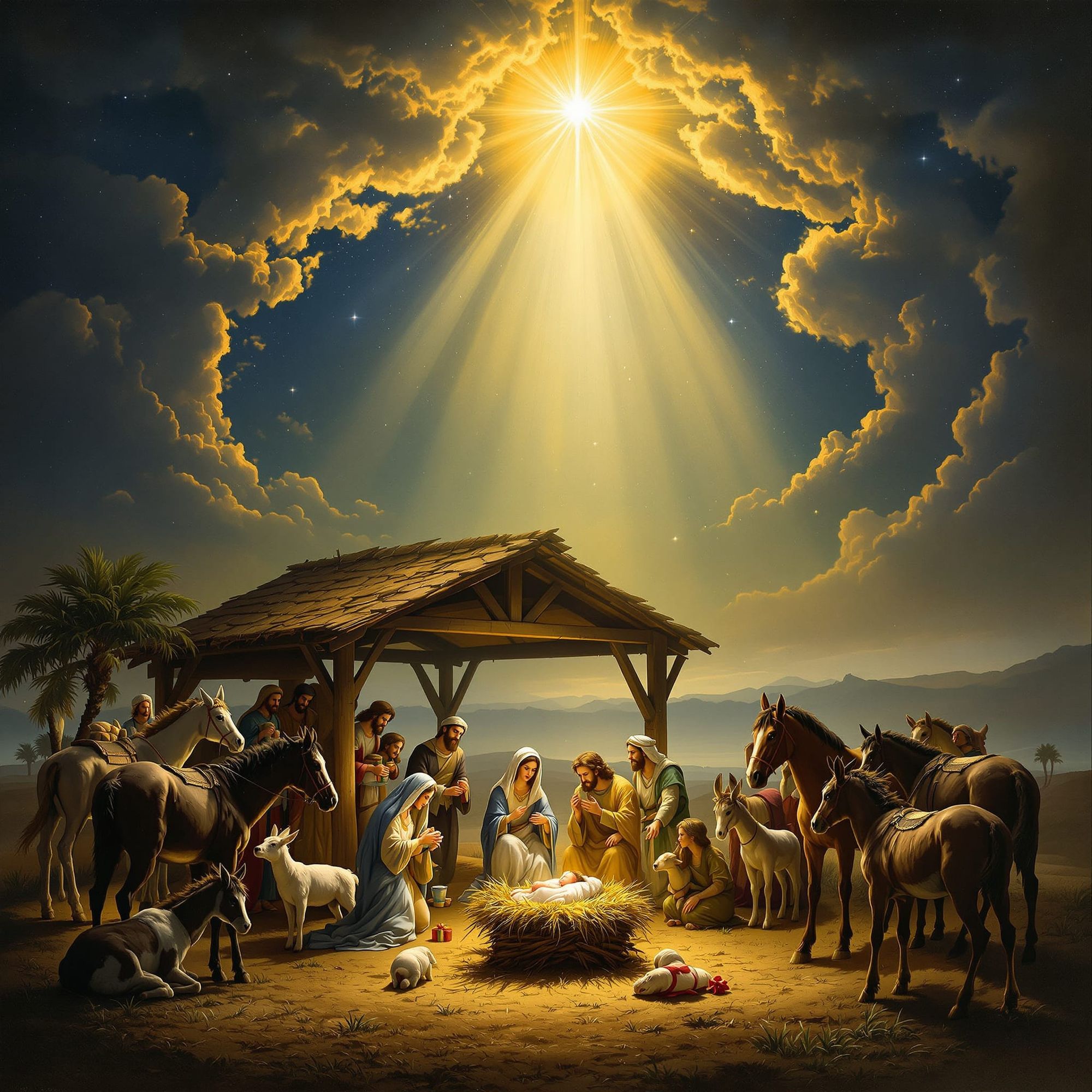 A birth of Jesus nativity scene with angel