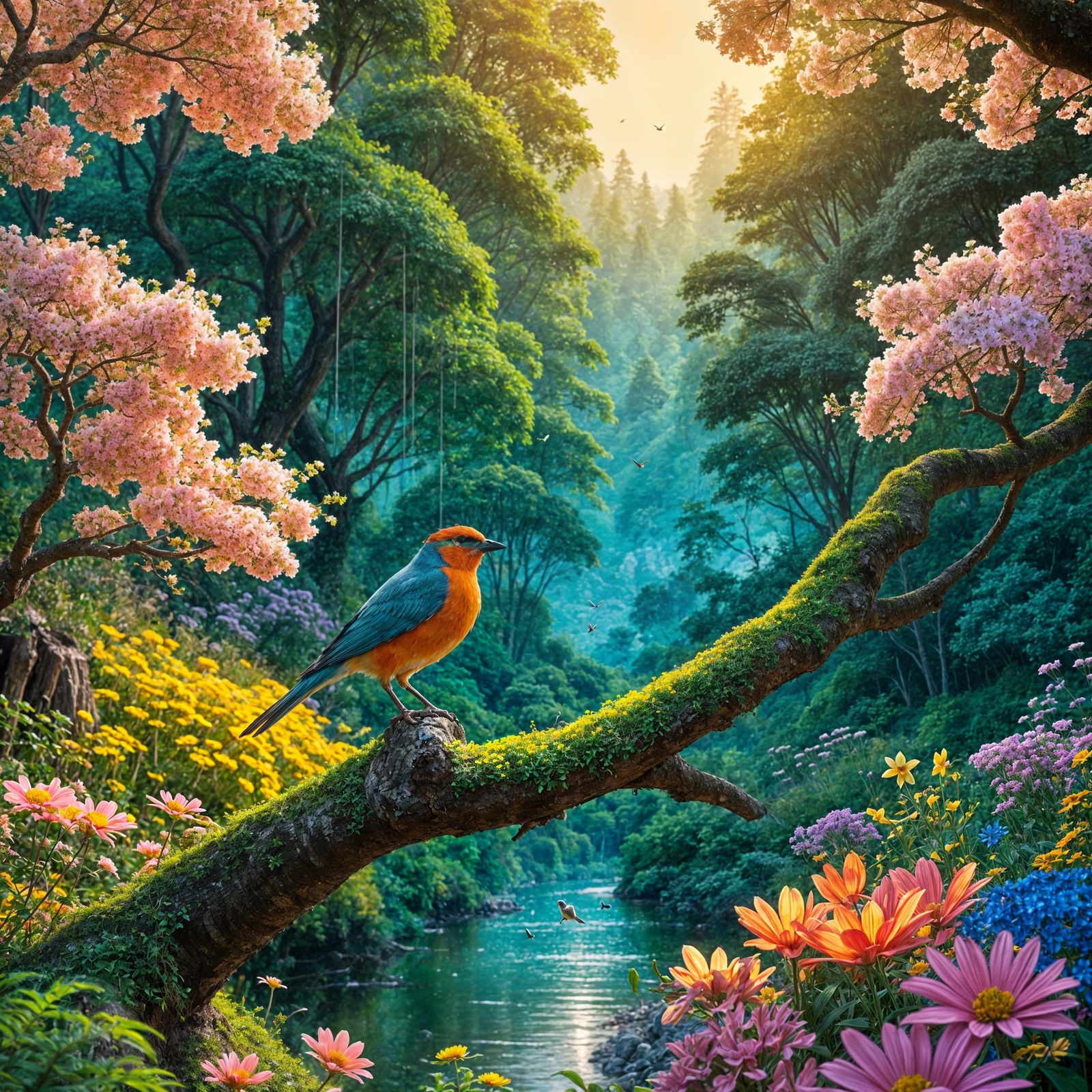 Vibrant Spring Landscape with a Bird in Flight