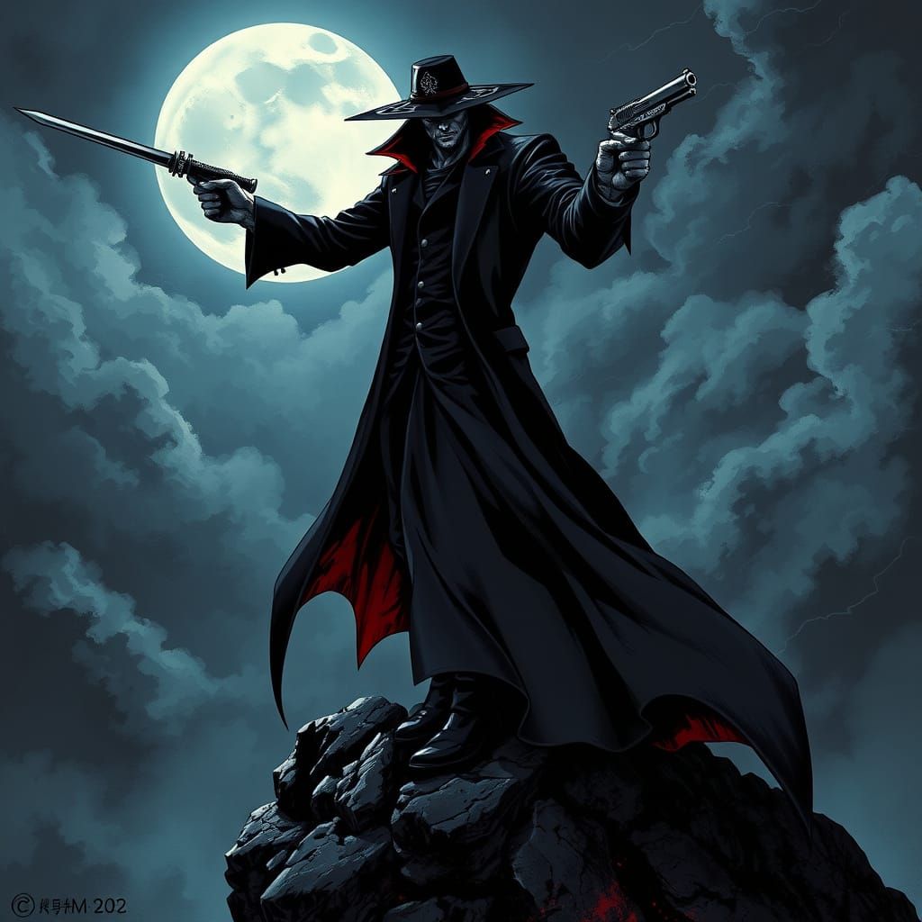 A dynamic scene of vampire hunter d in an iconic pose or action  by @GraveyardsAndTakeout