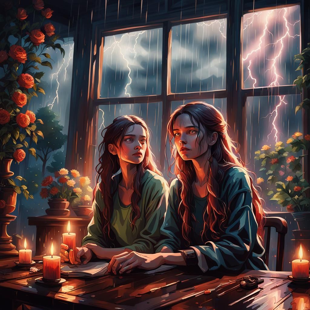 long haired woman crying
sitting next to window rain lightni...