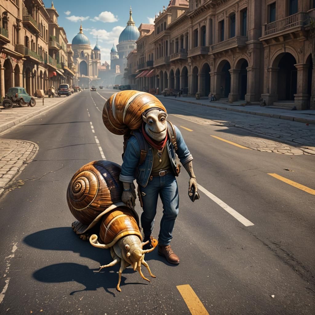 A worrier titan     snail wear a jeans with his son baby  sn...