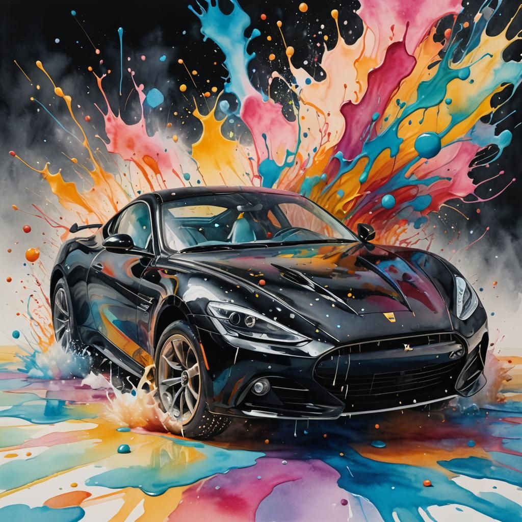 Surreal Watercolor Luxury Car Teacup Scene