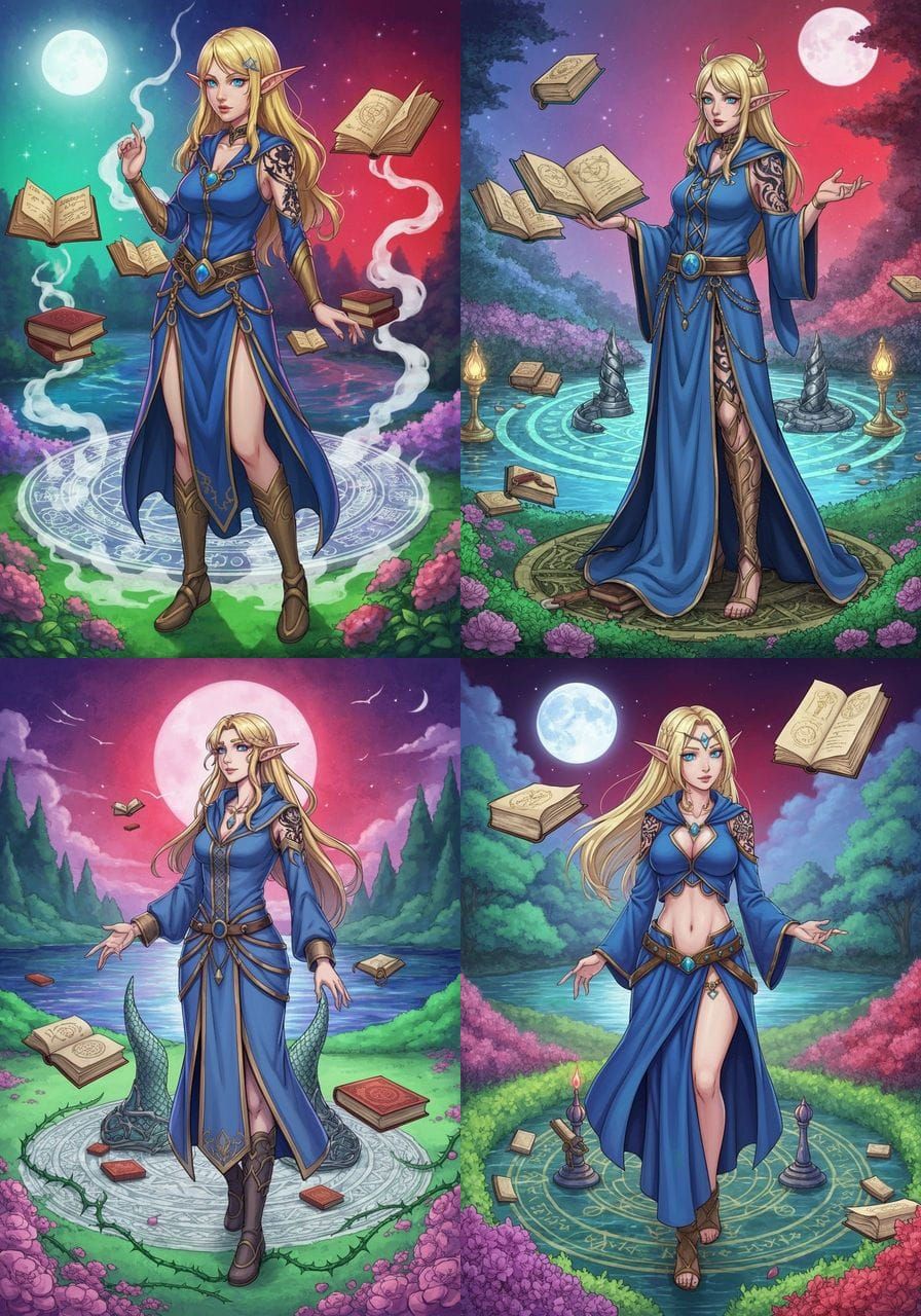 elf wizard, floating books, spellbook, ritual circle, metallic scales, lake, blue robes, arcane tattoo, d&d, 2d, full bo...