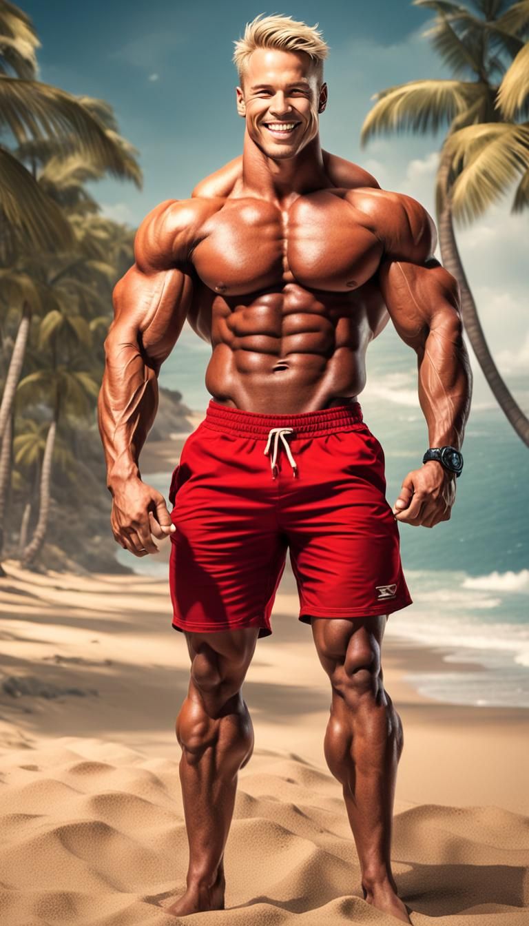Smiling Gym Bro Bodybuilder on Beach in 8K