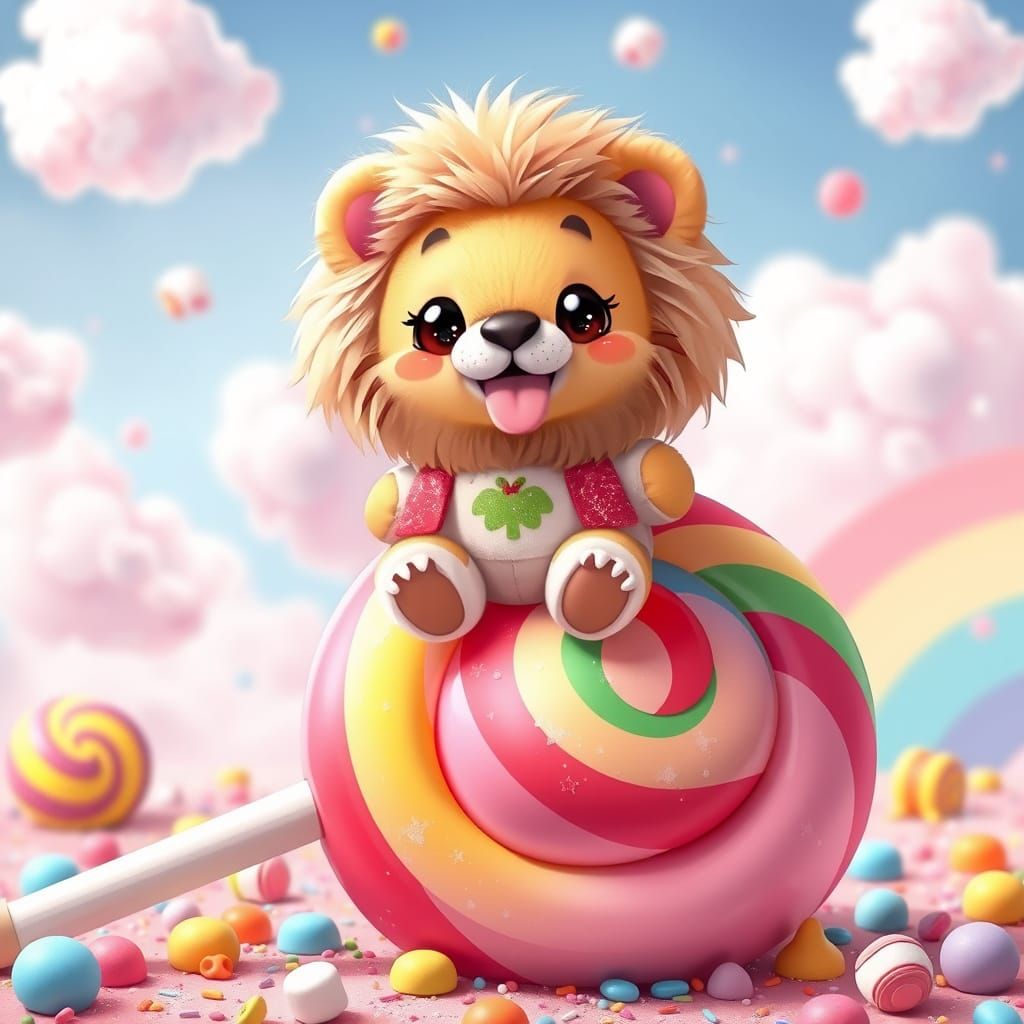 A tiny, fluffy lion cub with tongue out in an oversized, sparkling eyes, wearing a pastel-colored onesie ...  by @Alysse Anne