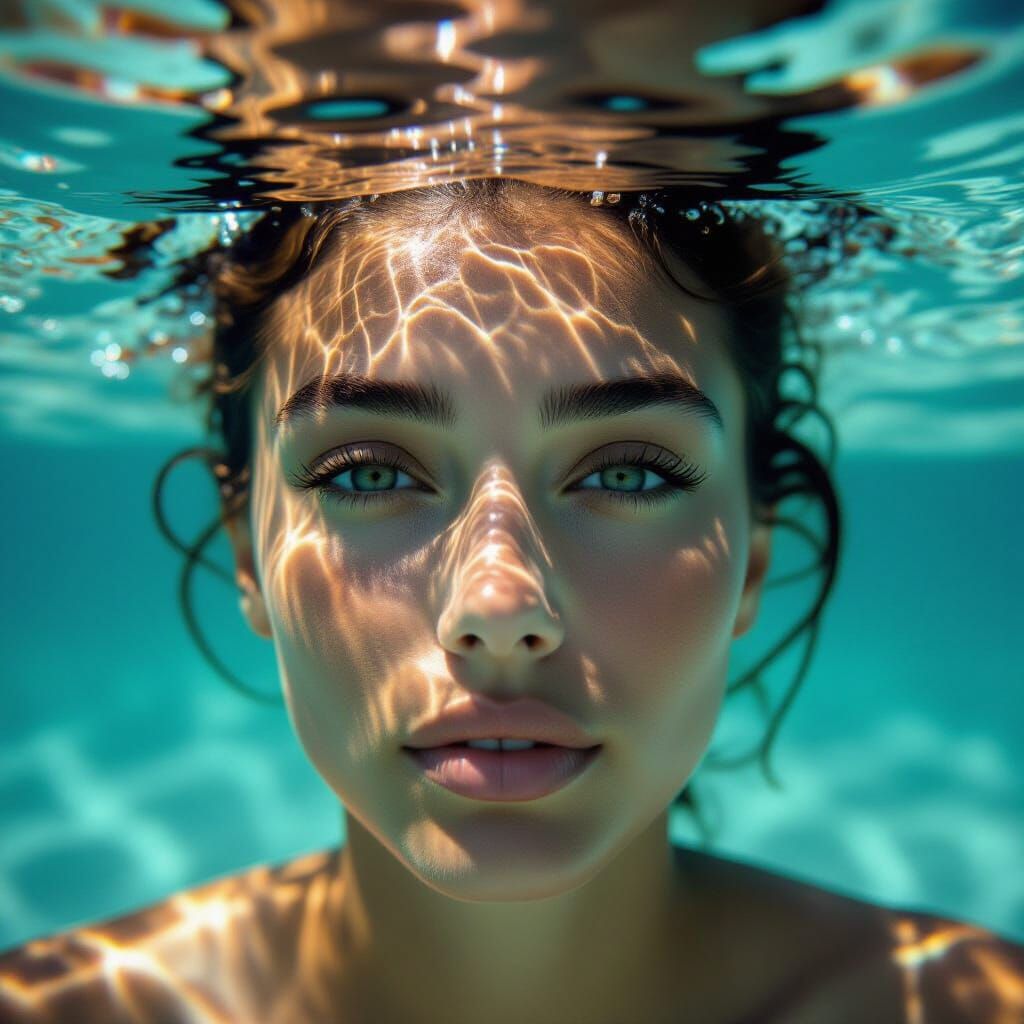  An ultra-realistic, highly detailed, 8K, cinematic close-up shot of a female person submerged in water, 
their face looking directly up tow...