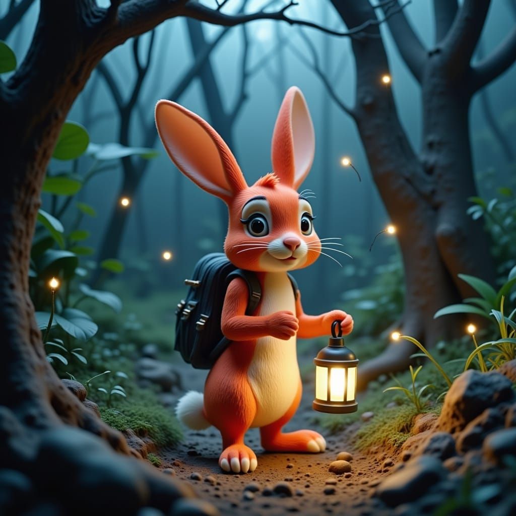 Whimsical Claymation Red Rabbit in Enchanted Forest This image shows a ...