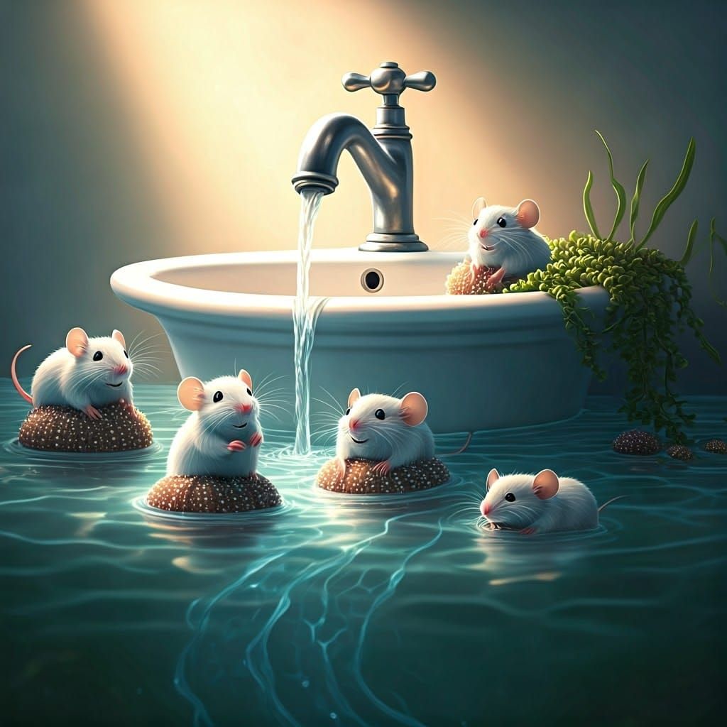 Whimsical Mice Play in Tiny River Around Porcelain Sink