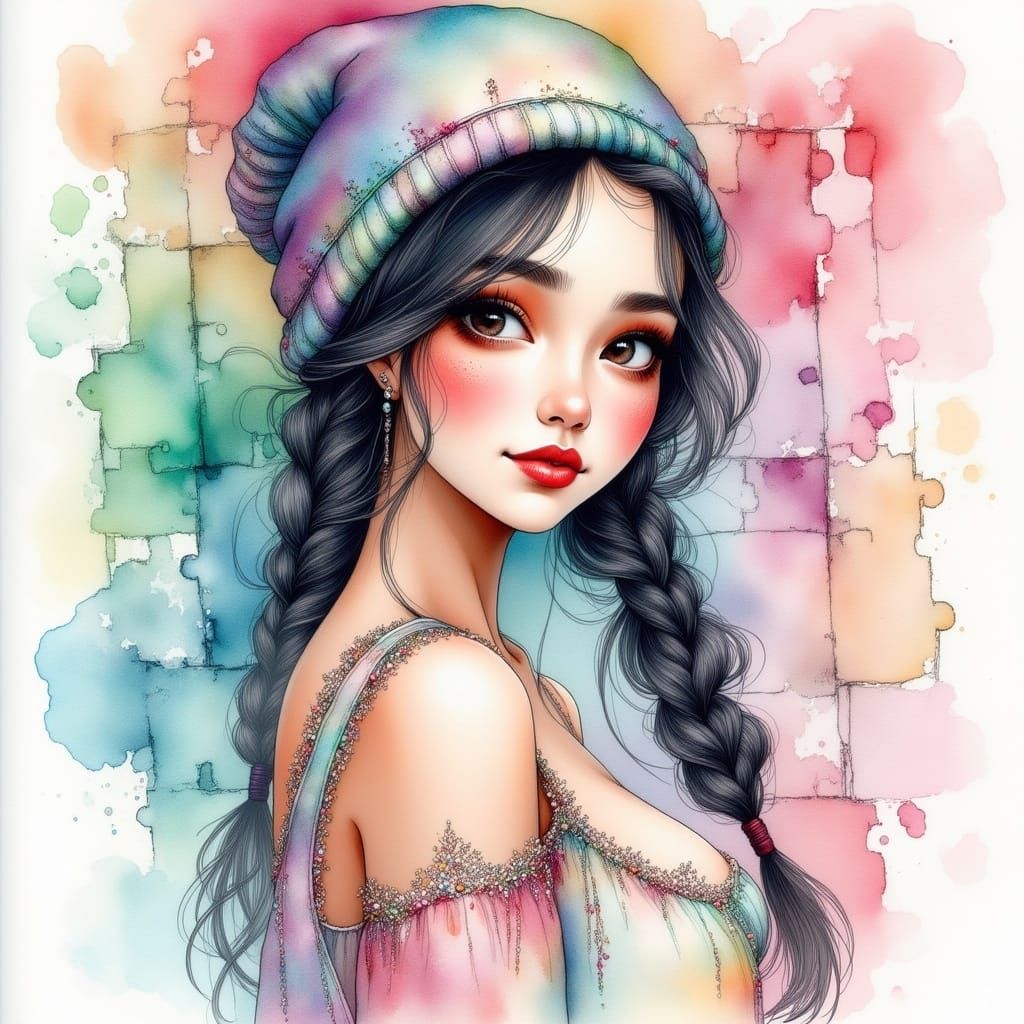 Cute Watercolor Portrait of a Young Woman in Bohemian Style