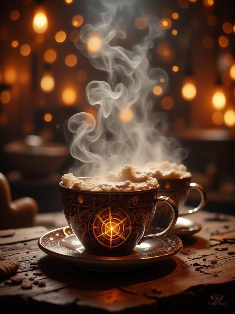Magical Enchanted Cafe with Ethereal Coffee Glow