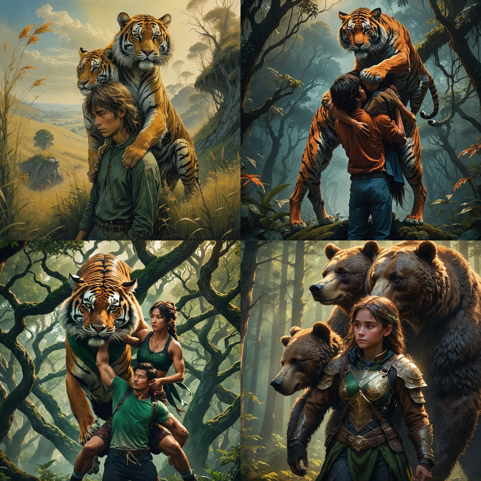 Man and Woman Atop Tiger in Detailed Matte Painting