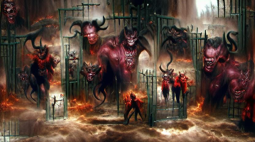 Demons coming through the gates of Hell sinister