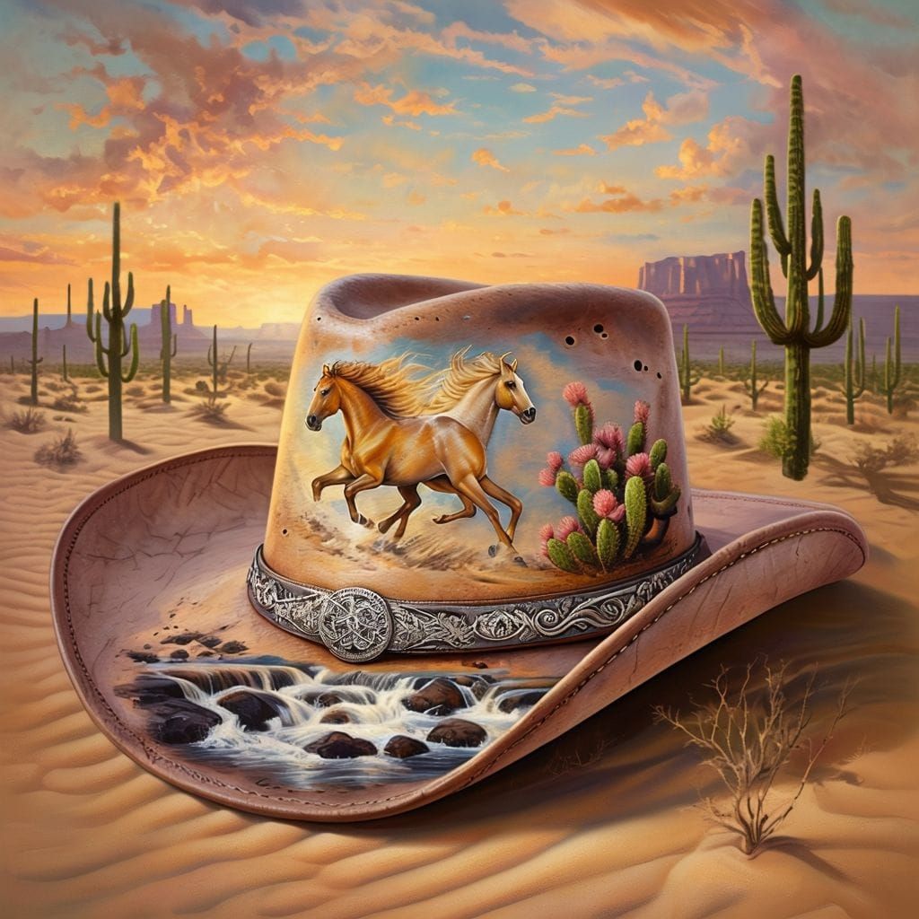 Surreal cowboy hat on sand dunes at sunset