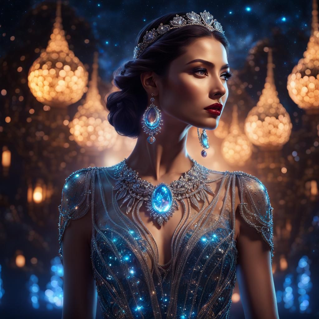 Close up portrait of a beautiful woman wearing an intricate ...