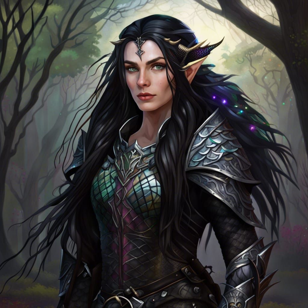 A beautiful young woman with elven ears and long raven hair. Her hair ...