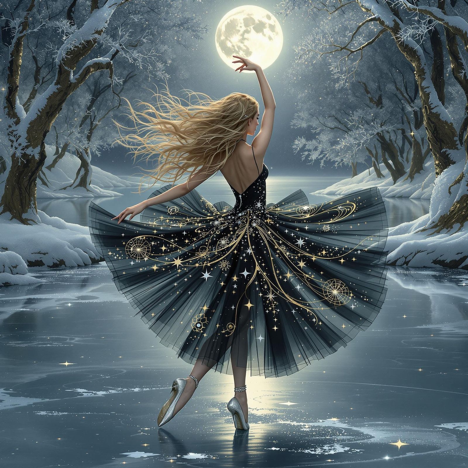 Celestial Ballerina Dancing on a Frozen Lake
