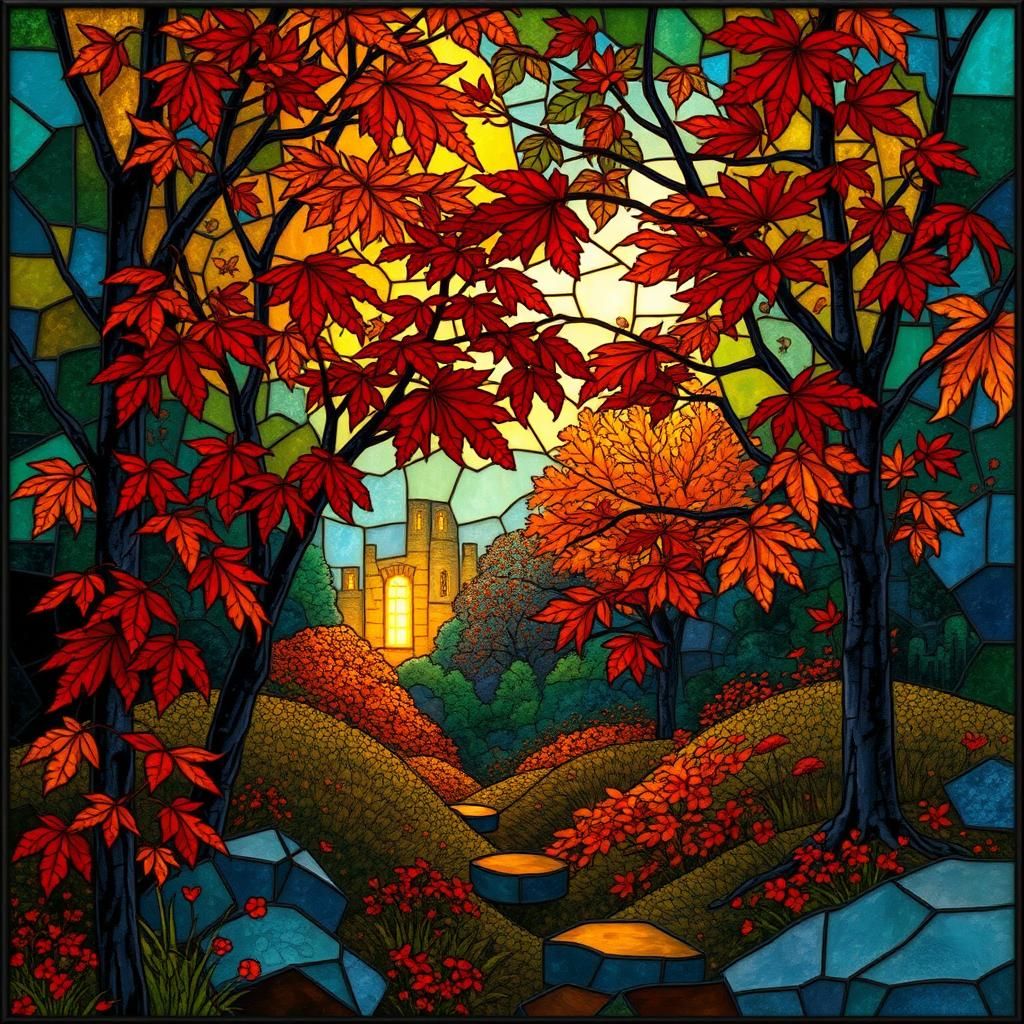 A stained glass window of an autumn landscape  by @A handsome bloke
