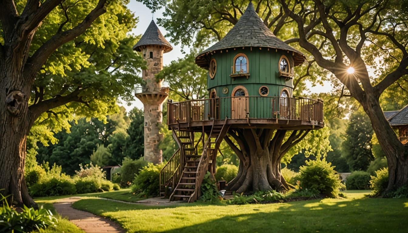 a treehouse and a stone tower
