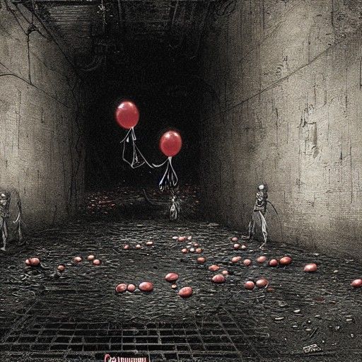 Pennywise in the sewers surrounded by floating red balloons