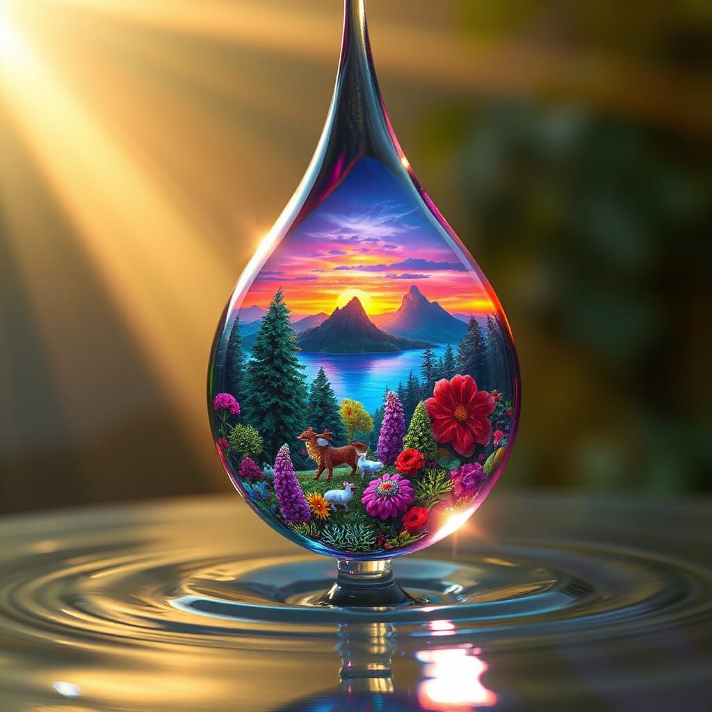 Vibrant Miniature Worlds Within a Rainbow Droplet