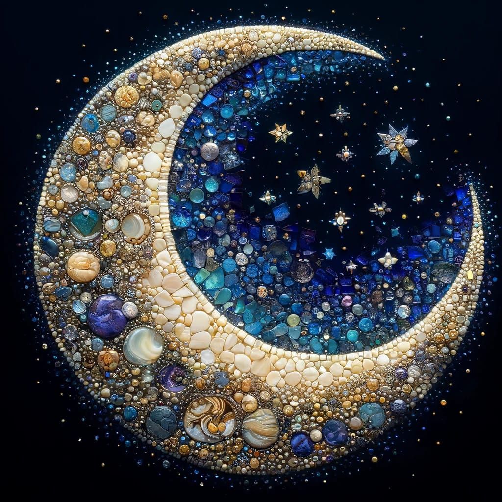 A micromosaic, waning crescent moon  by @Scootmandu AI