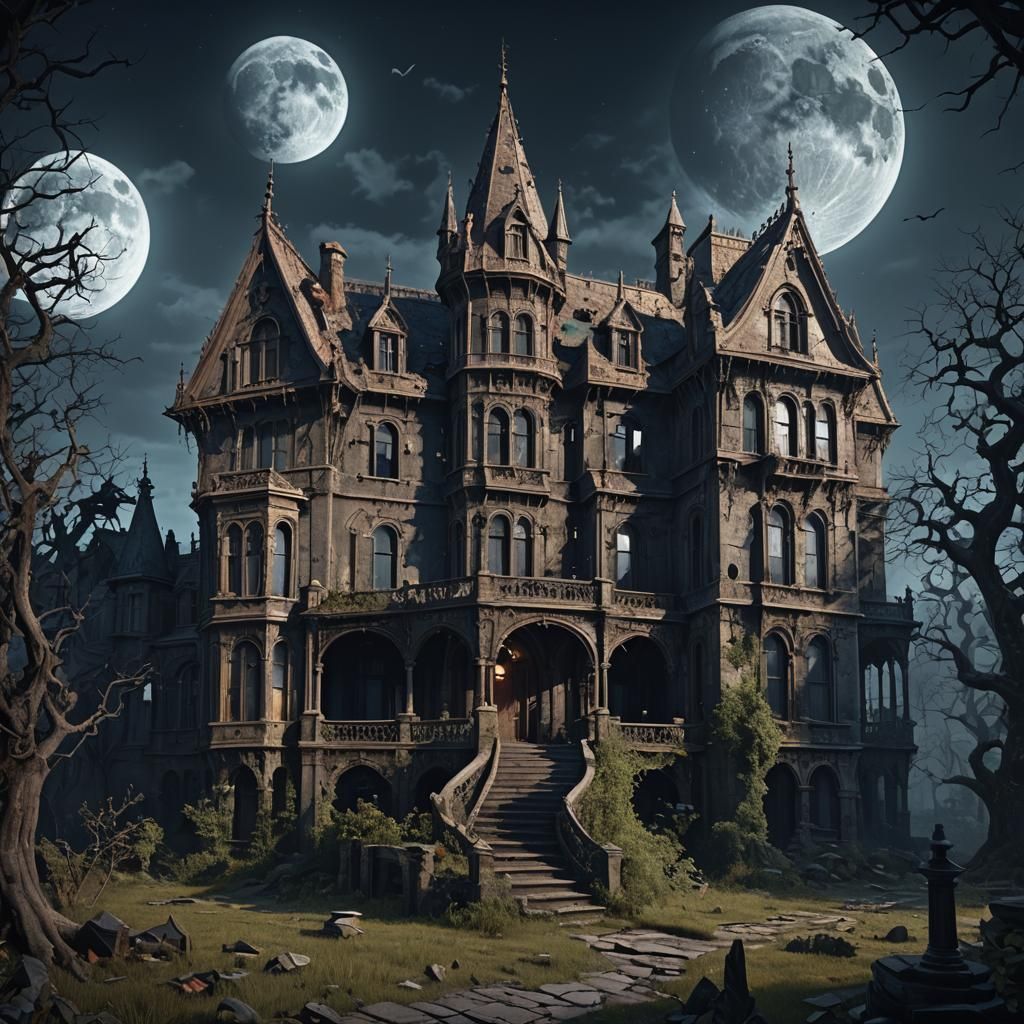 Distopian very dark gothic mansion in disrepair under a 4lar...