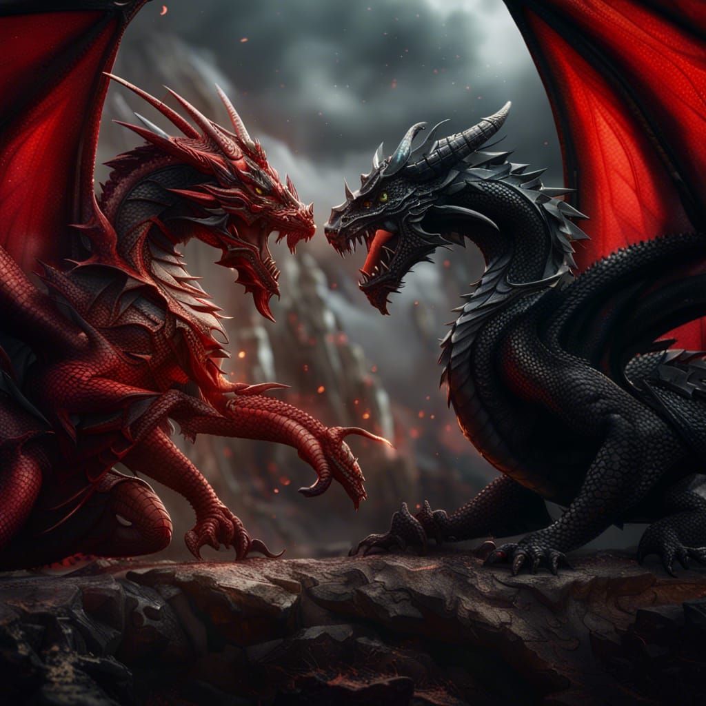 black dragon fighting a red dragon