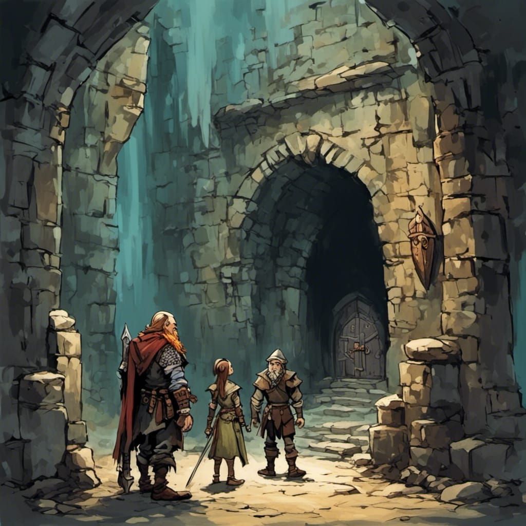 a dwarf an elf and a human warrior stand outside a Entrance to a fantasy dungeon <lora:Dungeon Delver:1.0> 