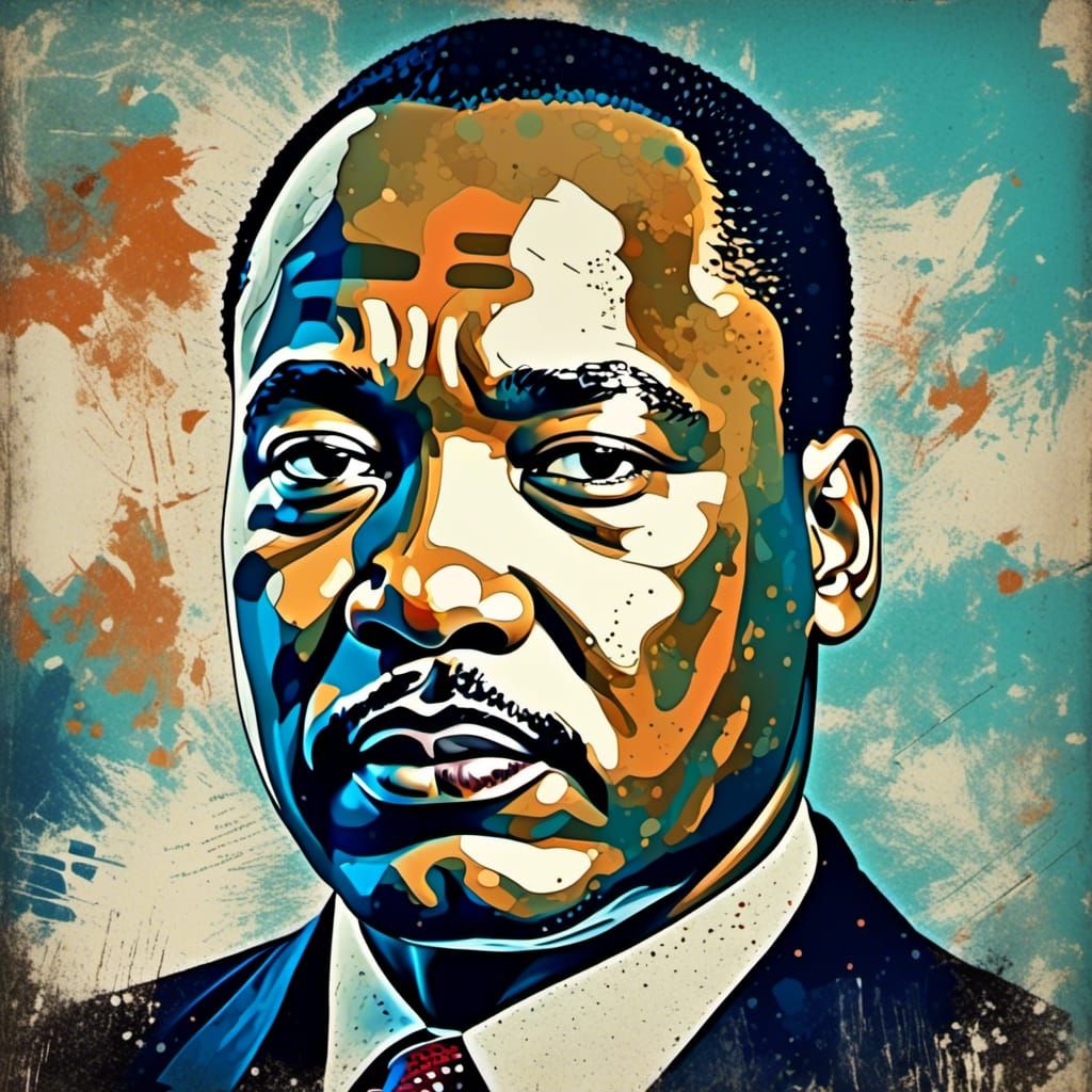<lora:Pop Art Grunge:1.0> Pop art style with a grunge art filter, Martin Luther King Jr, 2D, visually striking and intriguing, contrast, cor...