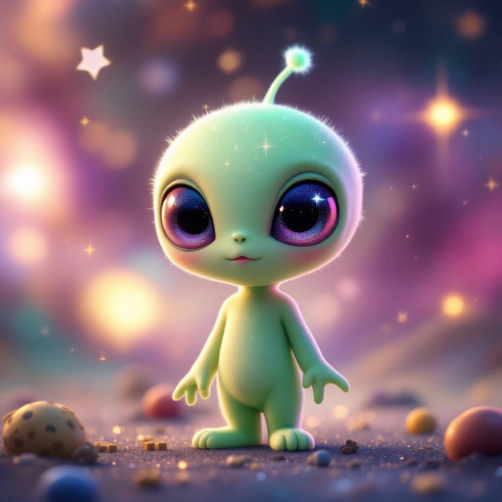 An anime-style cute alien, large sparkling eyes, pastel gree...
