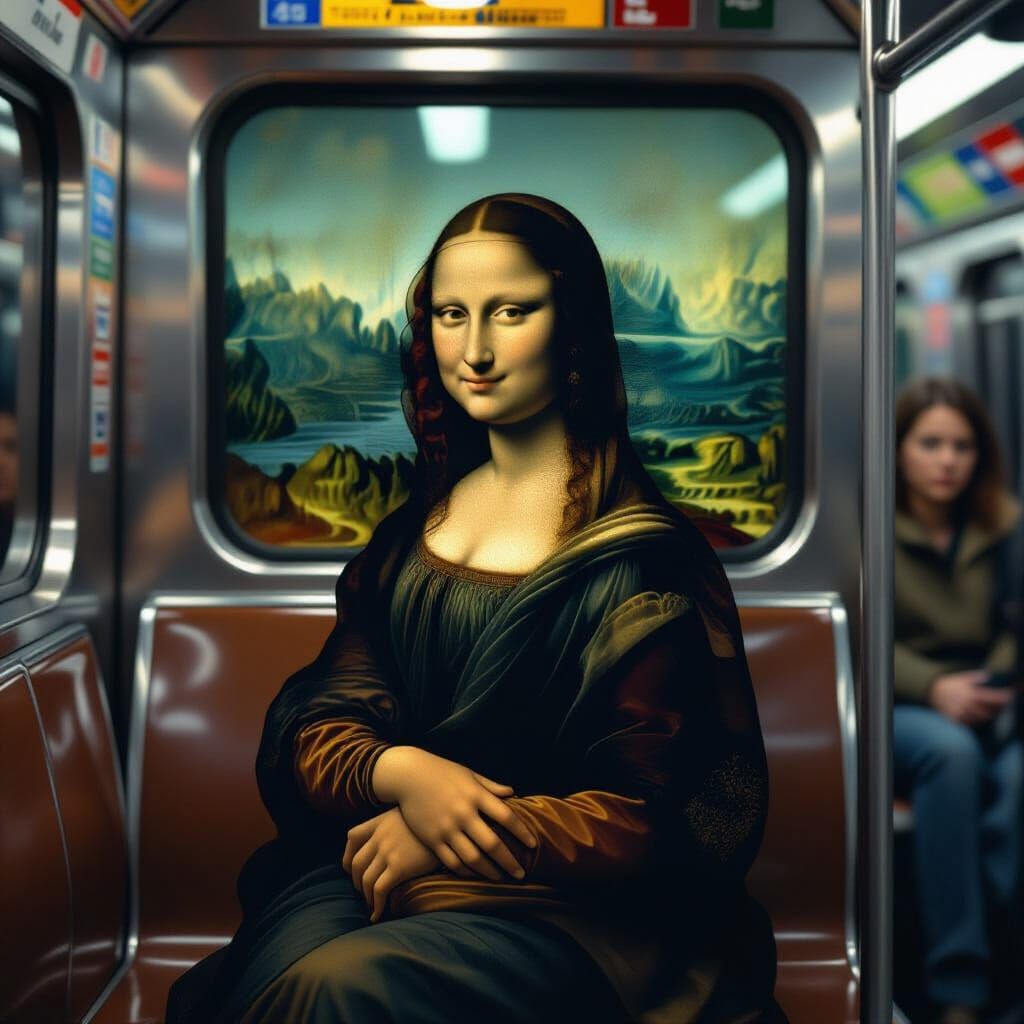 The Mona Lisa, as painted by Leonardo da Vinci, seated on a worn subway train seat. She maintains her iconic, enigmatic smile, but her eyes ...