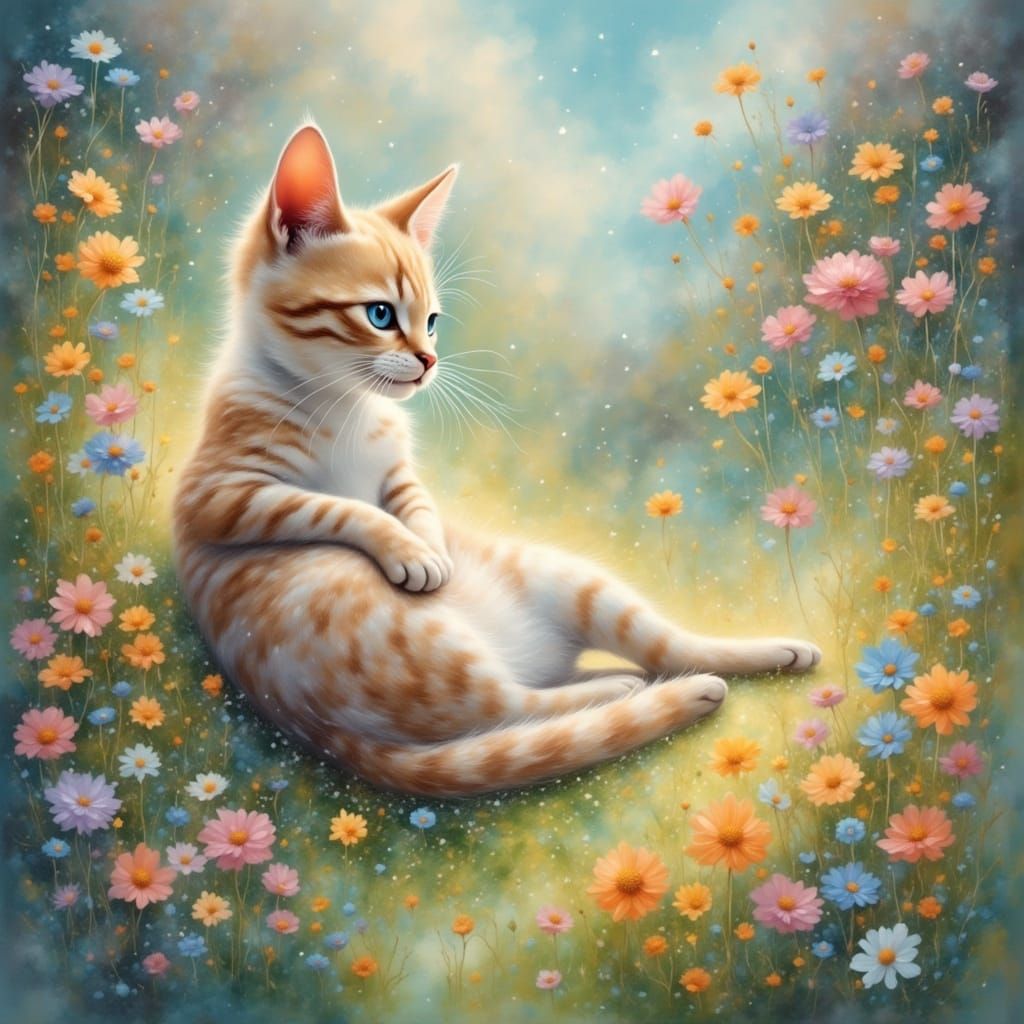 Cat in pastel paint in yard <lora:Pastel Dreams:1.0>