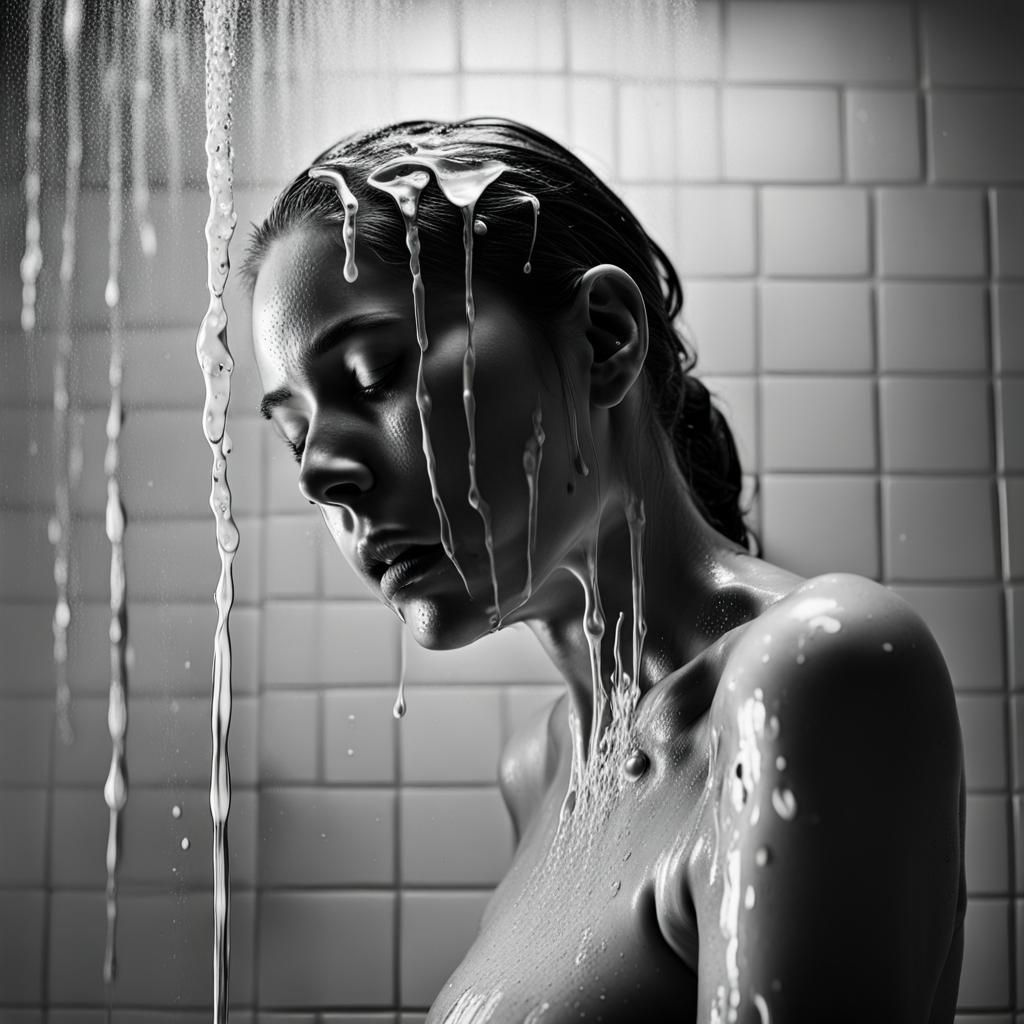 Hyper realistic image, Water dripping off from a female body under shower, black and white photography, close up shot