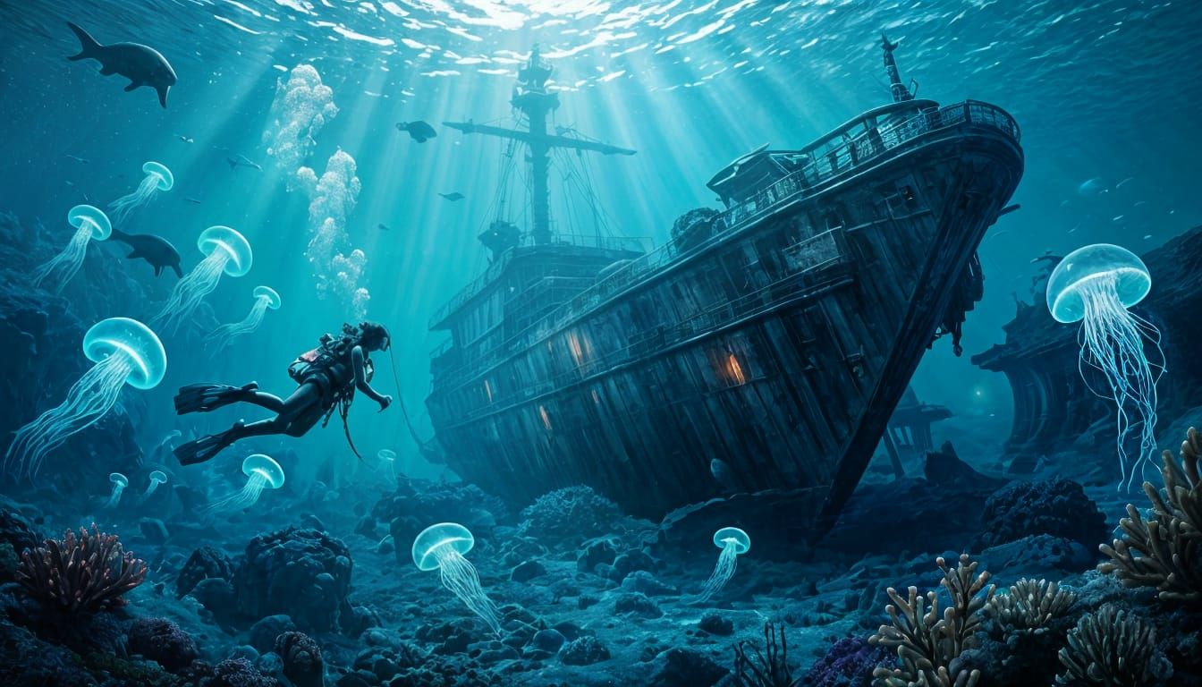 AA surreal deep-sea kingdom lit by bioluminescent corals and glowing jellyfish, ancient ruins covered ...  by @christian vichi