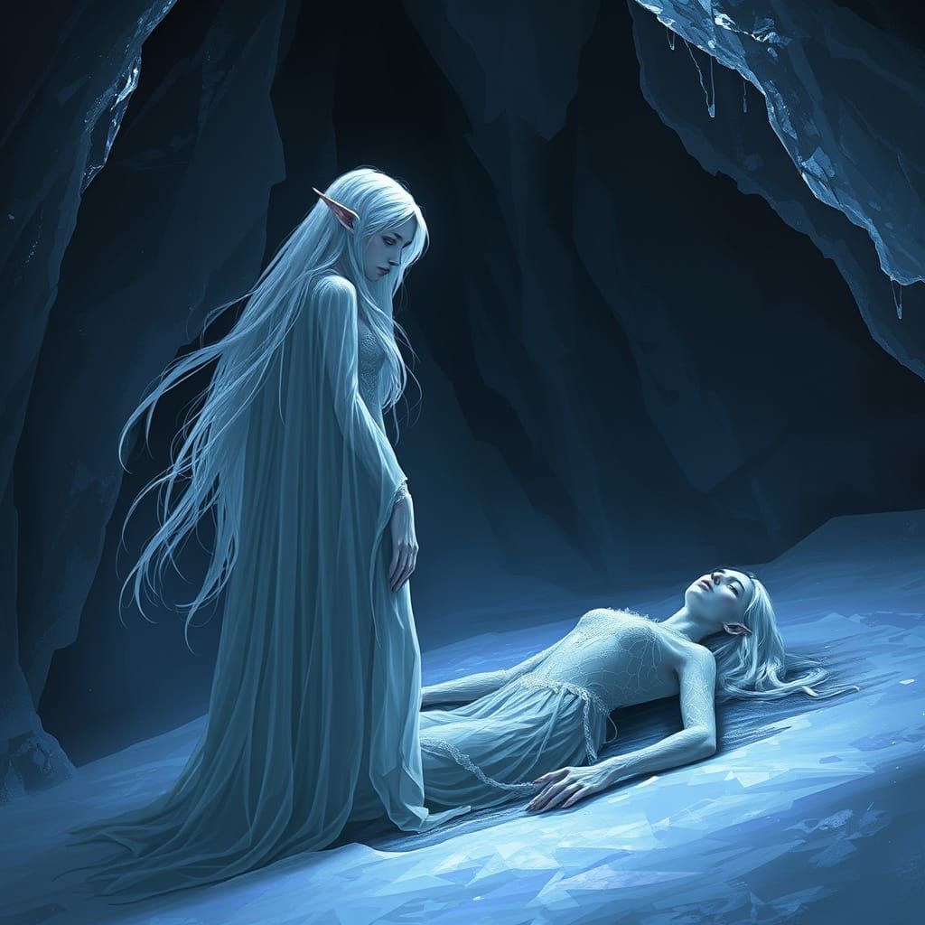 In a cave the only light source is the translucent ghost of a female elf.  She looks down on her frozen body covered in snow and tiny ice cr...