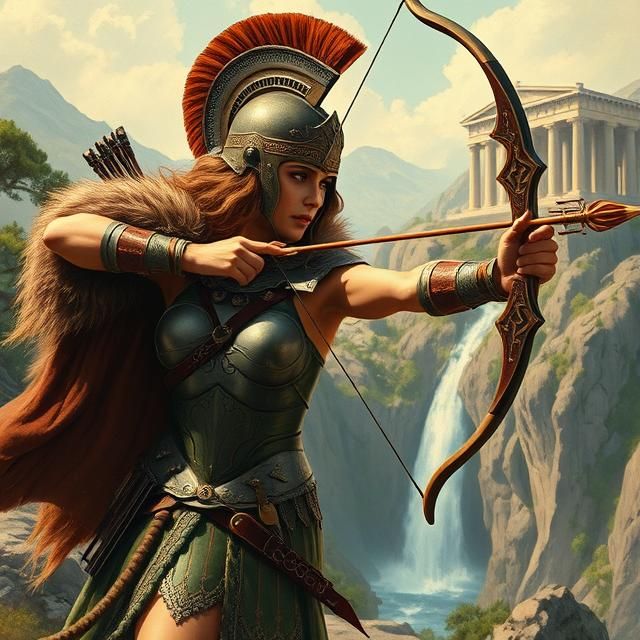 Ancient Amazonian warrior queen Connie Nielsen in full armour with fur cape, aiming an ornate bow and arrow with a Greek...