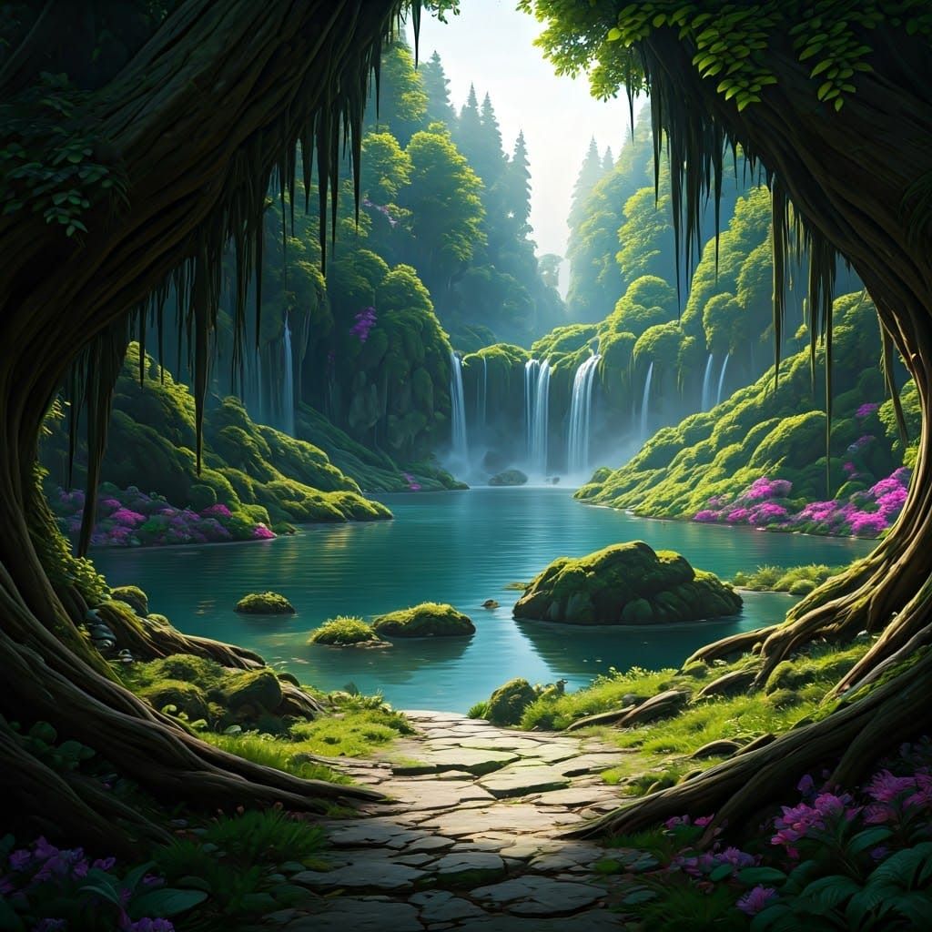 Enchanted Forest of Serene Lakes and Lush Vegetation