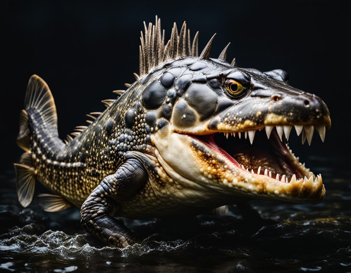 Extremely vicious looking  piranha face, crocodile body, sha...