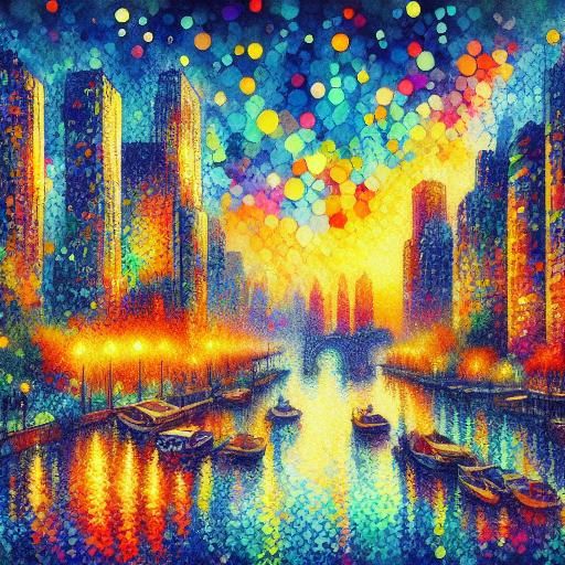 <lora:WaterPoint15:1.0> Watercolor pointillism city