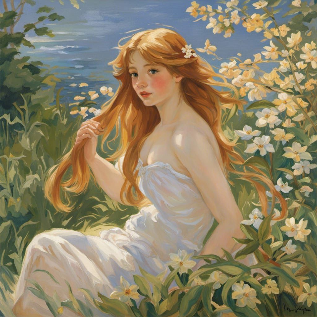 Cute girl bathing, very long hair, reddish blonde, perfect b...