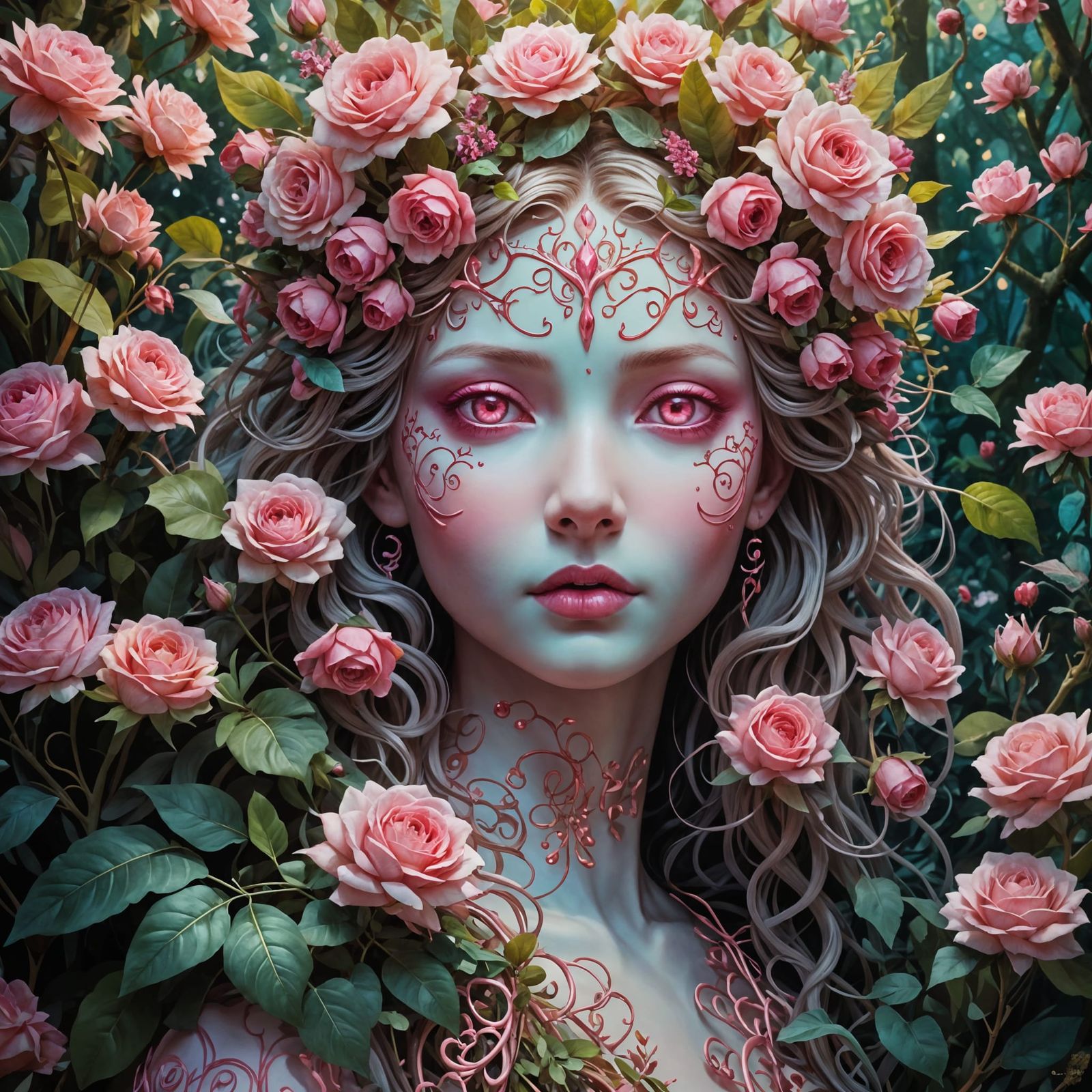 Mystical Forest Deity Portrait with Glowing Pink Eyes